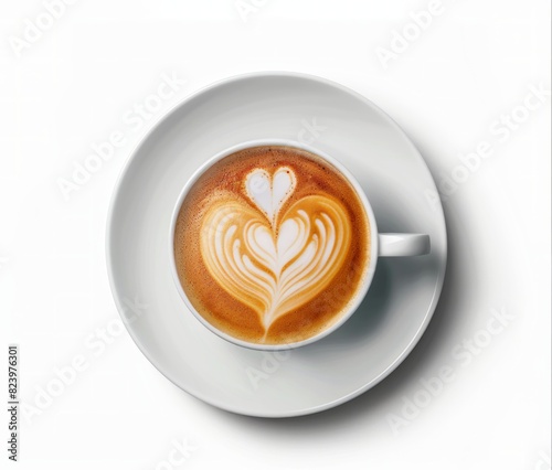 Cappuccino with latte art in the shape of heart isolated on white background, top view