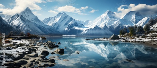Panoramic view of New Zealand alps and lake with reflection photo