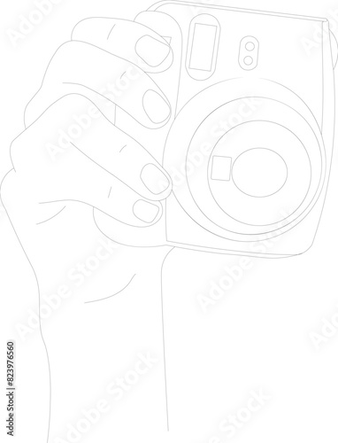 illustration hand taking a picture with an instant camera. An instant photo comes out of the camera.