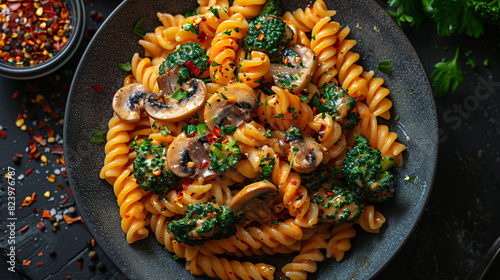 Spiral pasta with broccoli and mushrooms 