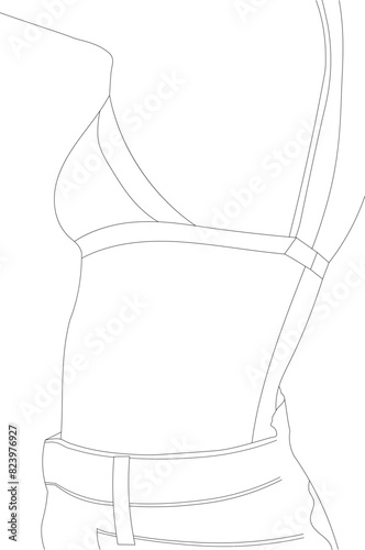 Young woman line illustration. Beautiful elegant woman wearing bra and jeans. Female profile monochrome line art minimalist print.