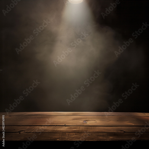 spotlight on a brown empty wooden table with fog and smoke