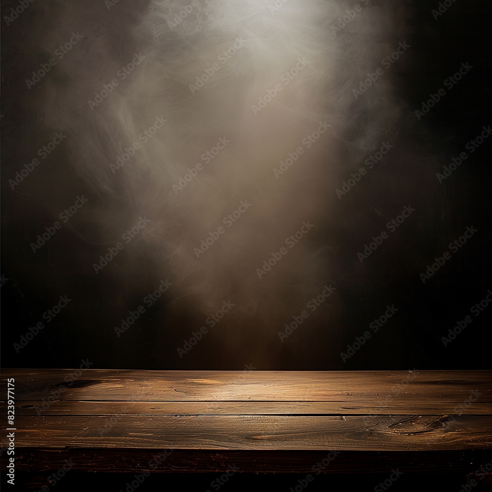 spotlight on a brown empty wooden table with fog and smoke spotlight on a brown empty wooden table with fog and smoke