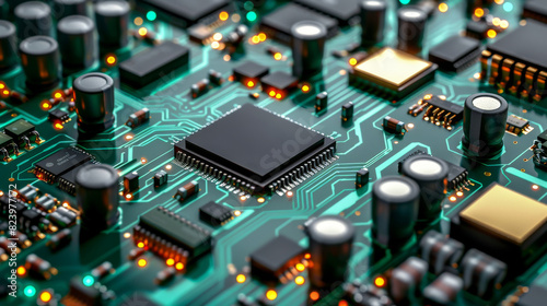 High detail macro of circuit board with integrated chip and electronic components
