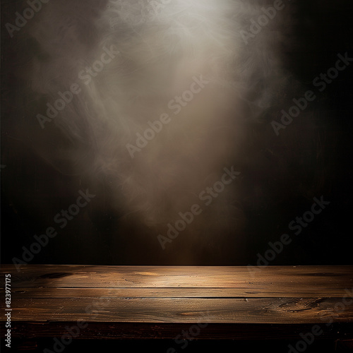 spotlight on a brown empty wooden table with fog and smoke