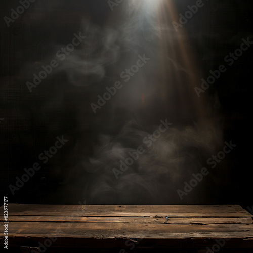 spotlight on a brown empty wooden table with fog and smoke