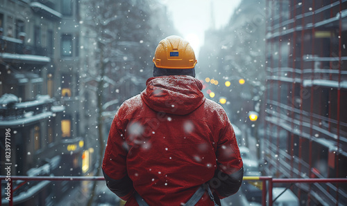 Worker at a construction site in winter, rear view.