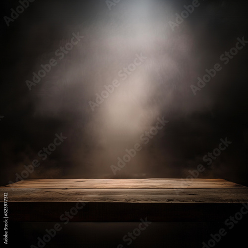 spotlight on a brown empty wooden table with fog and smoke