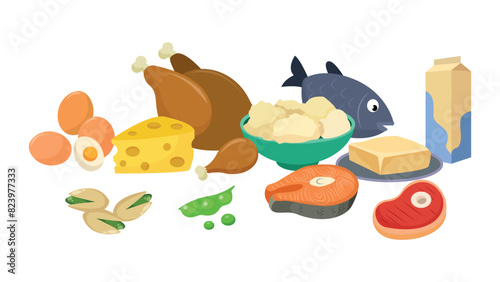 Set of delicious and healthy products in a cartoon style.Vector illustration of nutritious food: fish, meat, steaks, chicken, eggs, milk, cheese, butter,pistachios,peas isolated on a white background.