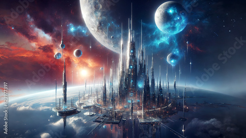 Futuristic city with tall  elegant buildings on the surface of the planet against the background of a starry sky with nebulae and planets
