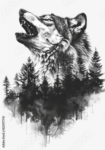 wolf howling with a forest in the background  tattoo design  white background