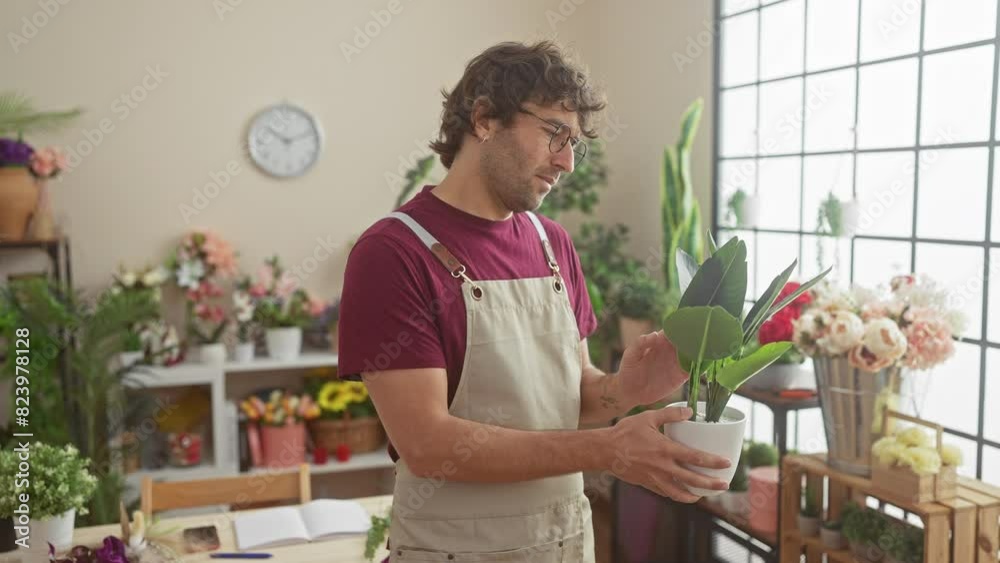 A thoughtful man examines a potted plant indoors at a sunny flower shop A thoughtful man examines a potted plant indoors at a sunny flower shop