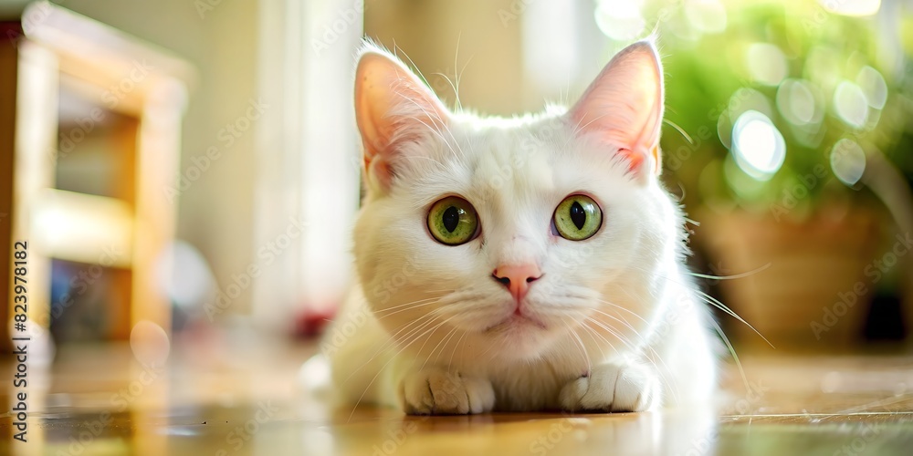 portrait of a cat Macro cat, portrait of a cat crouching and looking straight ahead, fisheye effect, cat on the floor, cat's view, back blurred background, generated portrait of a cat Macro cat, portrait of a cat crouching and looking straight ahead, fisheye effect, cat on the floor, cat's view, back blurred background, generated