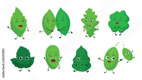  Set of funny leaf characters in cartoon style.Vector illustration of characters with different emotions:surprised, kissing, happy, offended, happy, winking, holding hands isolated on white background