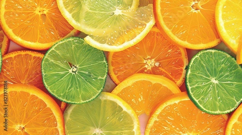   A pile of halved oranges and limes arranged on top of each other with water droplets