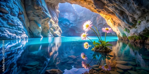 cave in the water In a deep cave there is a lake with crystal water, and beautiful daisies grow on the ground, the sun's rays shine everywhere in the cracks of the cave. background, wallpaper photo