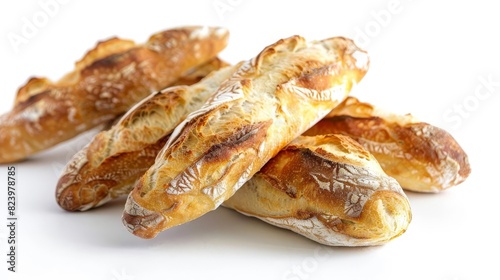 golden crispy french baguette artisan bread studio shot on white background