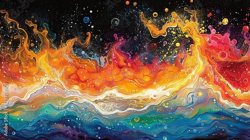  A painting of vibrant water waves on a dark canvas, adorned with numerous bubbles