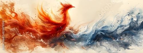 Watercolor red and orange phoenix bird fire fantasy firebird abstract magic 3D eagle animal. Phoenix bird fire tale character illustration render hawk fairy wings graphic feather gold background photo