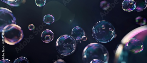 soap bubbles flying in the air, dark background