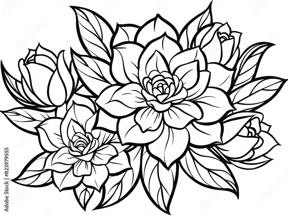 Fototapeta premium Elegant Succulent Flowers and Leaves Line Art Illustration - Botanical Outline Drawing