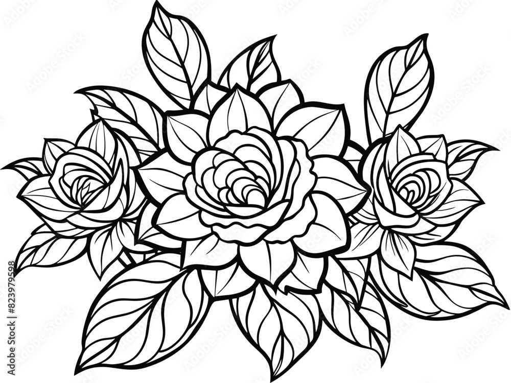 Fototapeta premium Elegant Floral Line Art Drawing with Roses and Leaves - Black and White Decorative Illustration