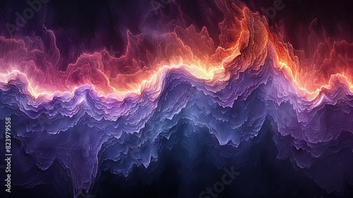   A red  orange  and purple cloud-covered mountain range appears in this computer-generated image