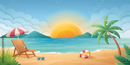 summer scene Illustration sea beach sand  rest lounger wallpaper summer background