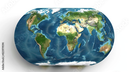 world map showing the various continents and oceans  highlighting different angles of Earth s surface with detailed terrain features such as mountains  deserts  forests  and ocean patterns