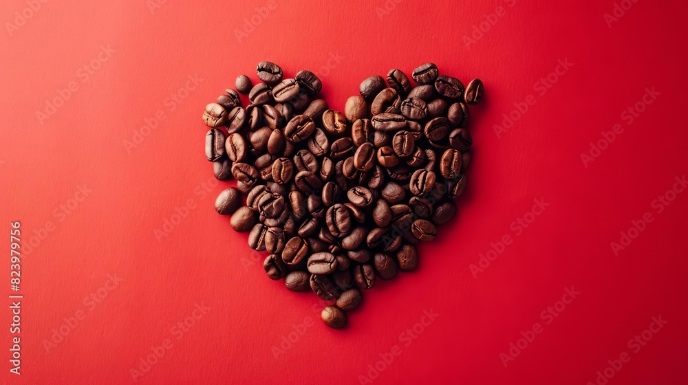 heartshaped arrangement of roasted coffee beans on vibrant red background flat lay food photography concept heartshaped arrangement of roasted coffee beans on vibrant red background flat lay food photography concept