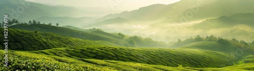 Landscape tea fields  green grasslands  distant mountains shrouded in mist  sunshine shining on the tea leaves of various colors  creating an ethereal and peaceful atmosphere