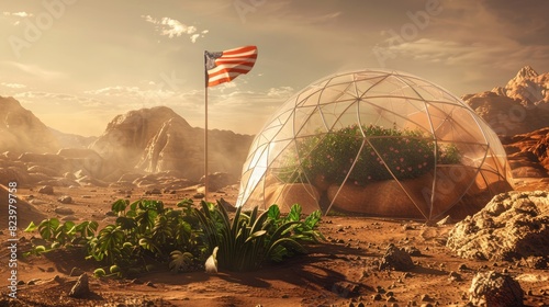 Dome on Mars with lush garden and flag emblem, representing progress in Mars colonization and sustainable living