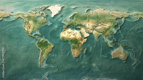 world map showing the various continents and oceans, highlighting different angles of Earth's surface with detailed terrain features such as mountains, deserts, forests, and ocean patterns