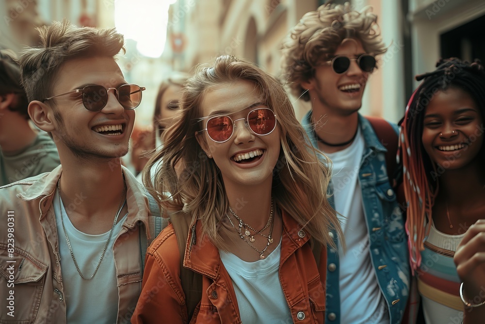 Group of young people walking in the city. Group of friends having fun together. Group of young people walking in the city. Group of friends having fun together.