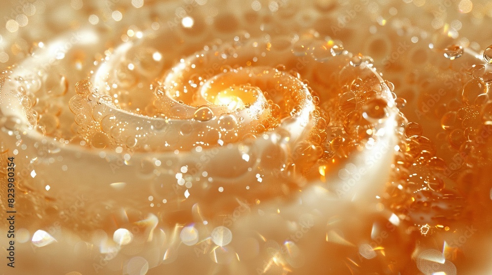 Spiral with water droplets at top, bottom & center in close-up view Spiral with water droplets at top, bottom & center in close-up view