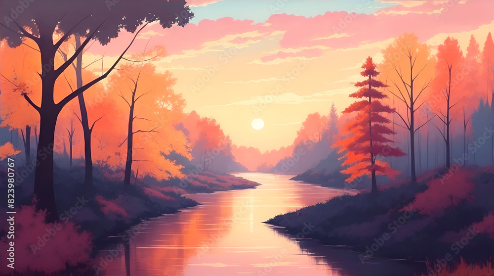 Picturesque autumn landscape with colorful trees on the river bank during sunrise or sunset in the style of computer graphics Picturesque autumn landscape with colorful trees on the river bank during sunrise or sunset in the style of computer graphics