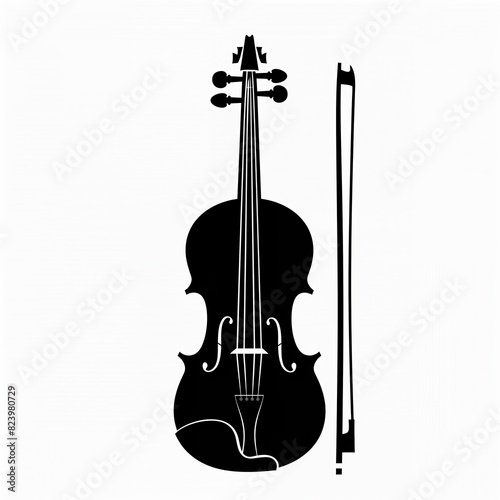 A black and white image of a violin and its bow