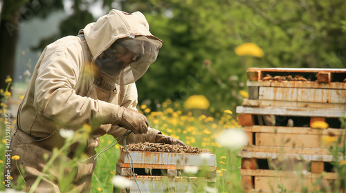 beekeeper working in his apiary