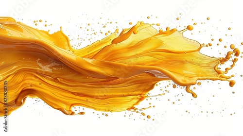  Close-up yellow liquid splashing on white background with orange splash at base