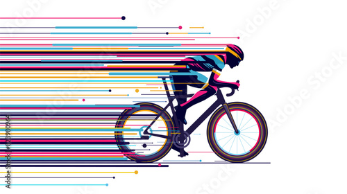 Cycling race competition poster design vector illustration. Cyclist acceleration with colorful motion trails.