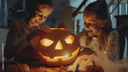 Family carving the pumpkin for halloween.