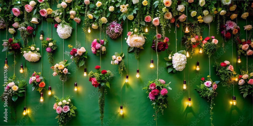 Flower Day, many bouquets of flowers hang on the wall, roses, peonies, different flowers are bright, the background is green with garlands Flower Day, many bouquets of flowers hang on the wall, roses, peonies, different flowers are bright, the background is green with garlands