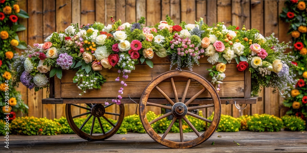 Flower Day, a cart full of flowers and bouquets, near the wall, various flowers in a wooden cart