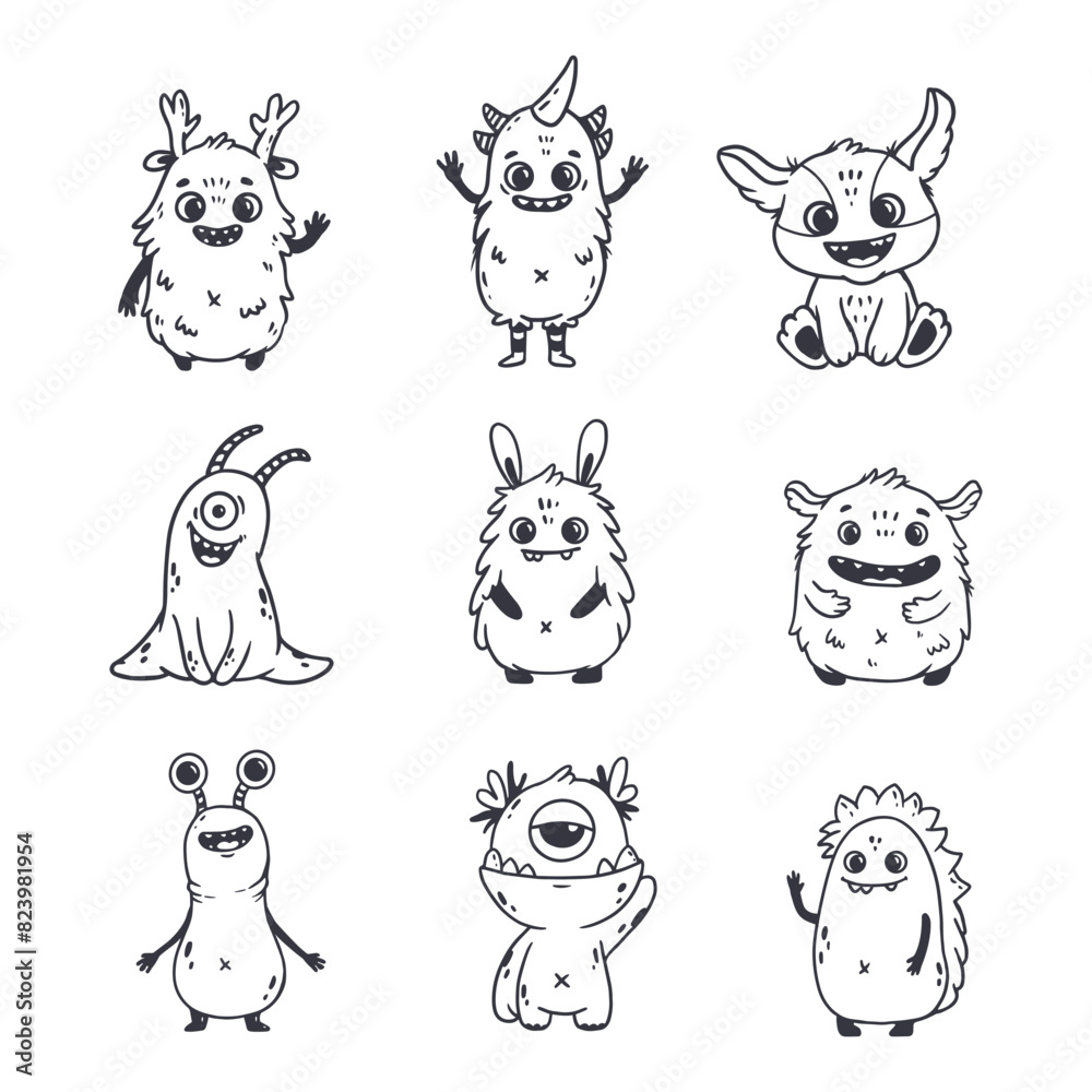 big set of cartoon monsters. Cute monsters in doodle style. Kids funny character design for posters, cards, magazins. Line. Vector illustration big set of cartoon monsters. Cute monsters in doodle style. Kids funny character design for posters, cards, magazins. Line. Vector illustration