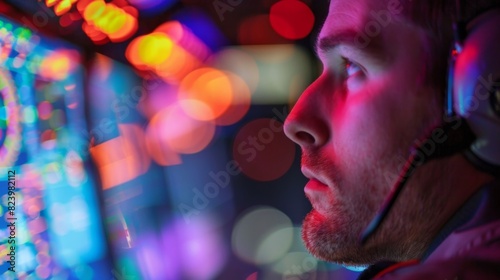 A closeup of an air traffic control operators face illuminated by the colorful holographic displays in front of them showing their intense concentration and focus on the job. photo