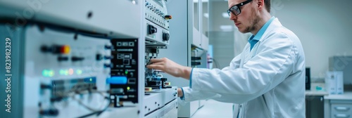 A man in a lab coat is focused on testing electronic equipment in a laboratory setting