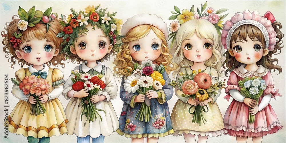 Little dolls with bouquets of flowers in their hands, Illustration for a flyer, notebook, book, postcard, greeting card, wallpaper, cute background,
