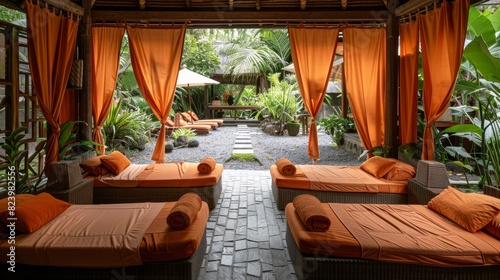 Luxurious tropical spa retreat with a cozy lounging area, surrounded by lush greenery and an inviting pool.