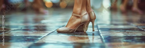 Close-up of a womans elegant dance shoes on a tiled floor, showcasing intricate footwork and poise photo