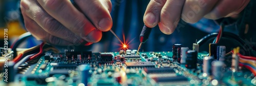 An electronics technician meticulously soldering components on a circuit board, showcasing precision and concentration photo